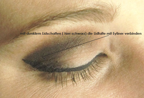 Mit schwarzem Lidschattnpuder die Lidfalte mit Eyeliner-Linie verbinden